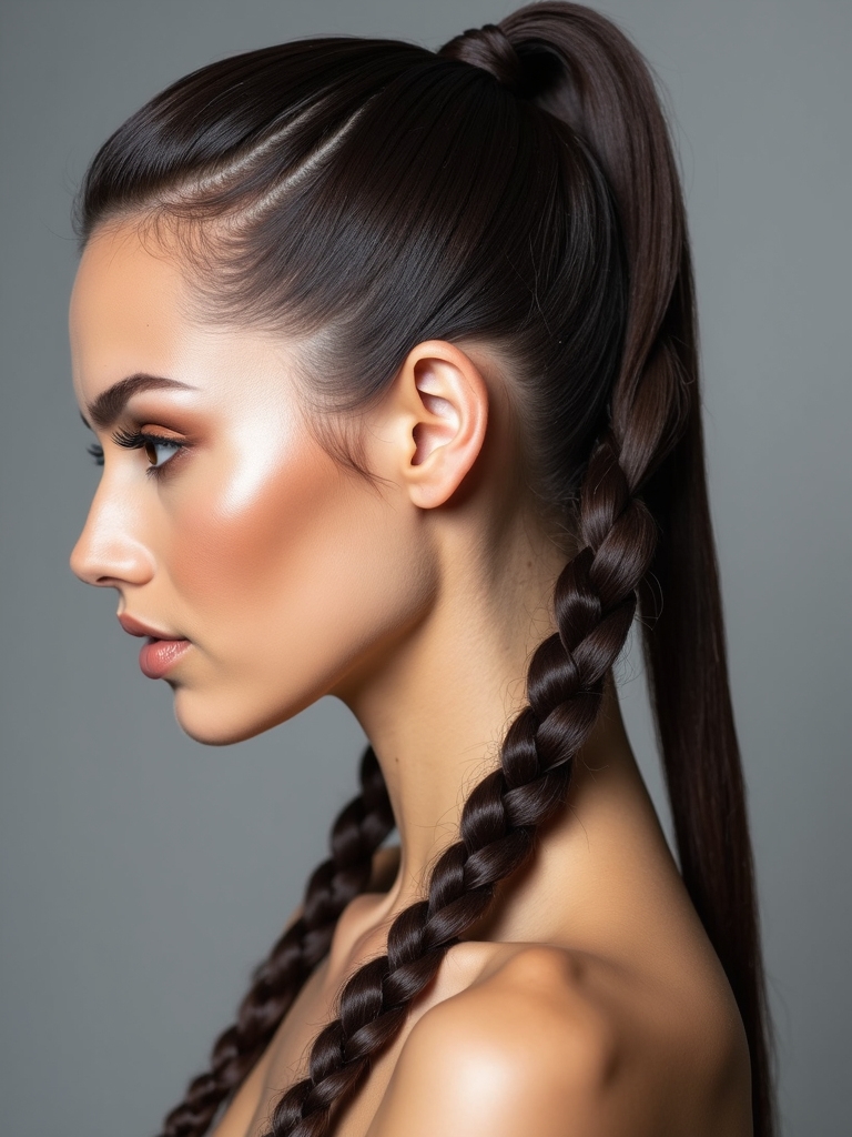 sleek middle part braided ponytail