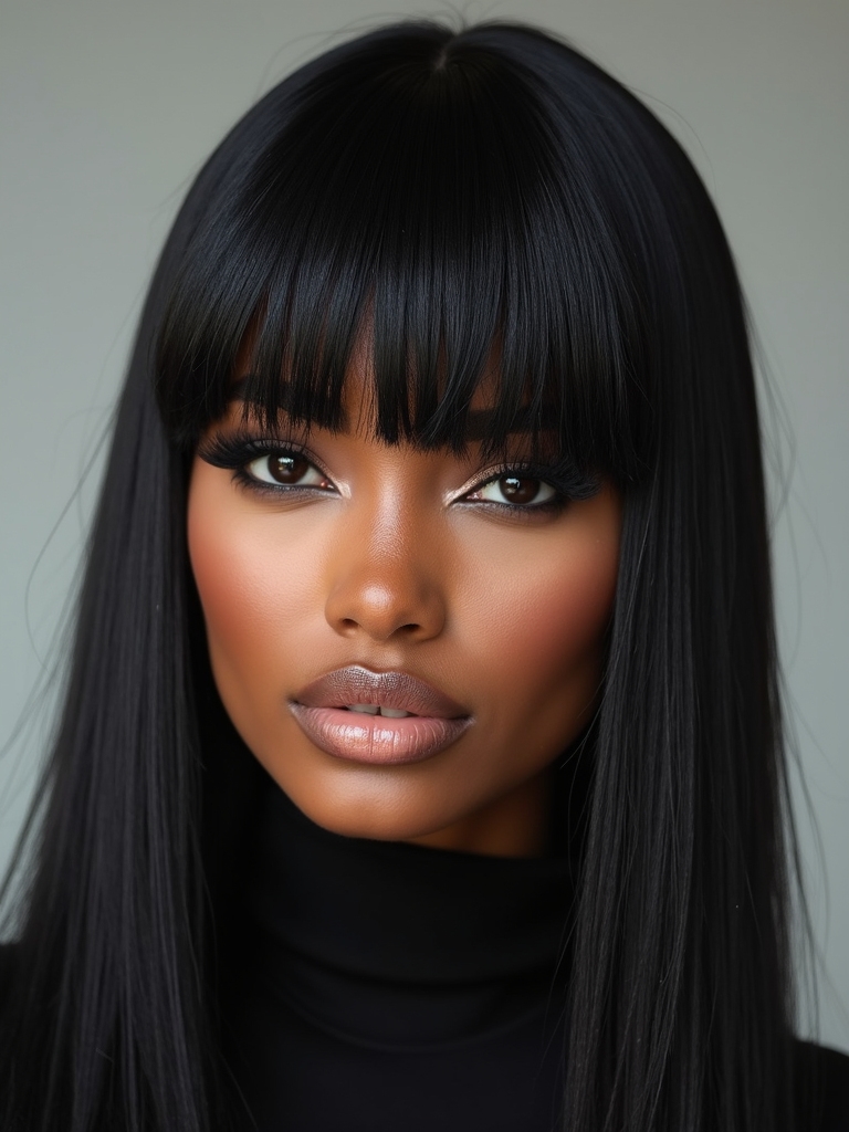 sleek straight hair feathered bangs