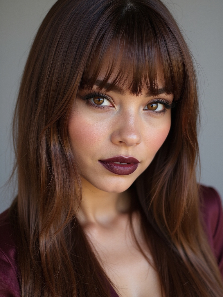 sleek straight hair with angled bangs