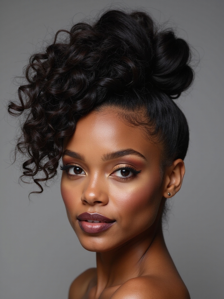 sleek top knot with curls