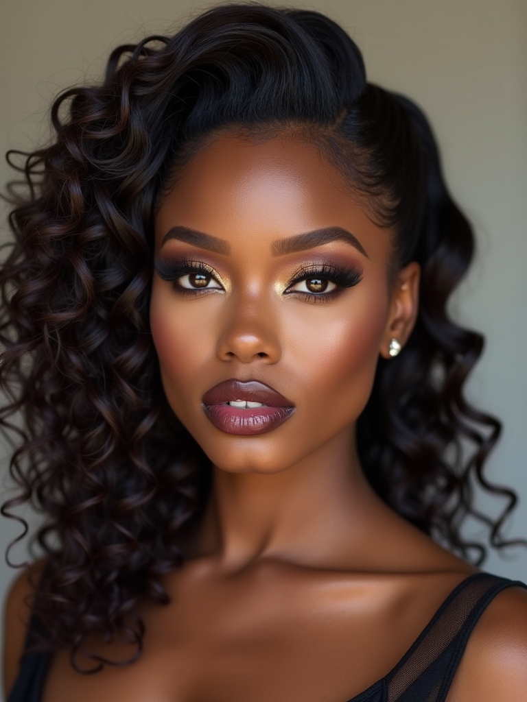slicked back glossy curly style