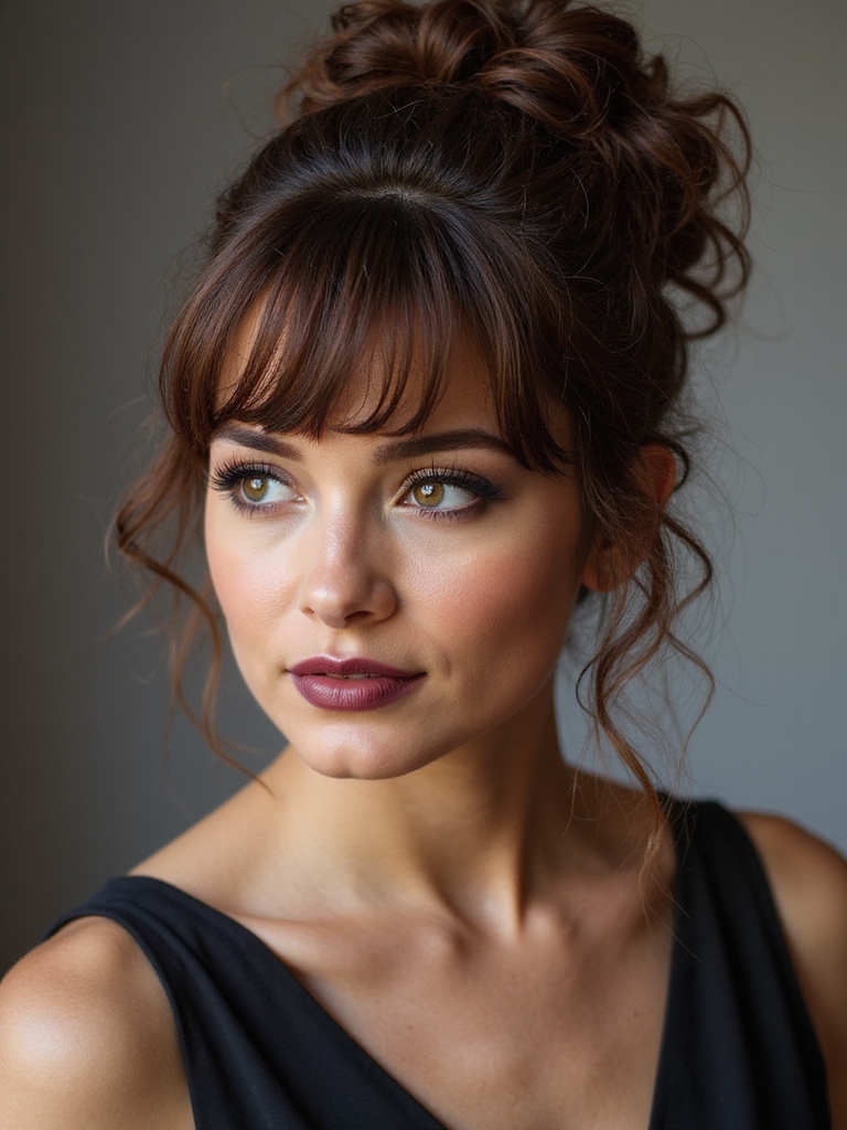 textured high bun curly bangs
