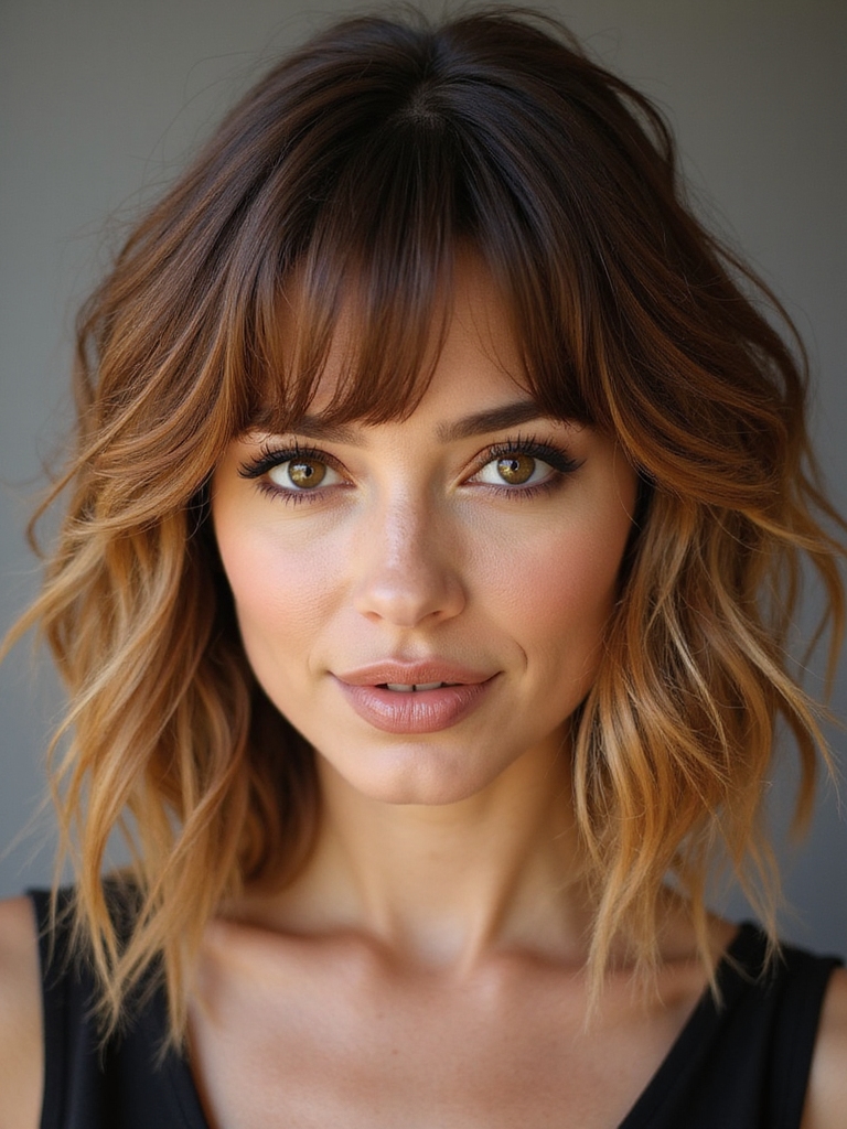 textured layered shag haircut with bangs