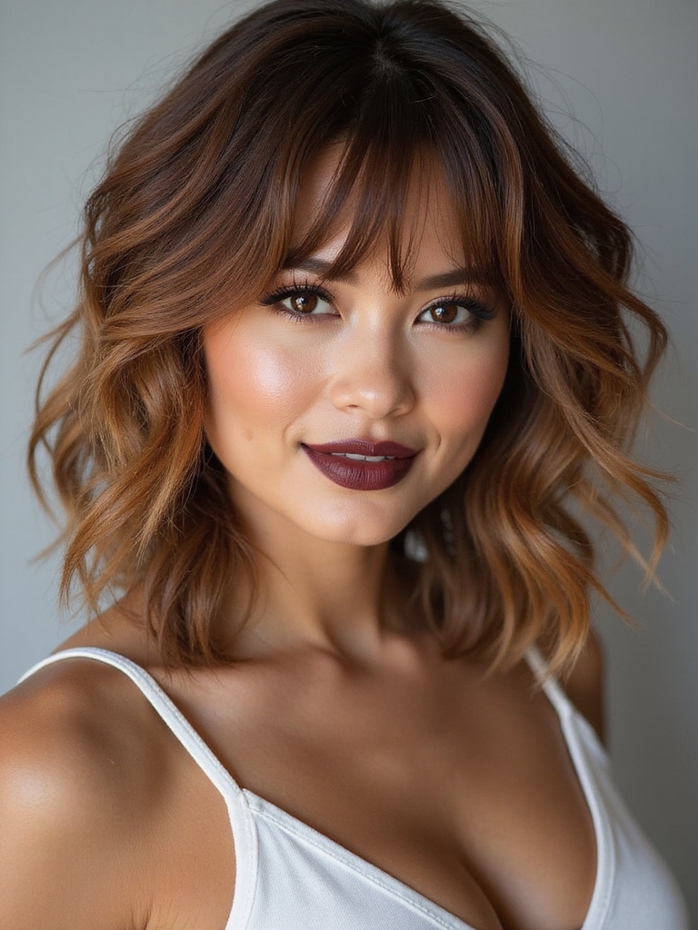 textured lob with curtain bangs