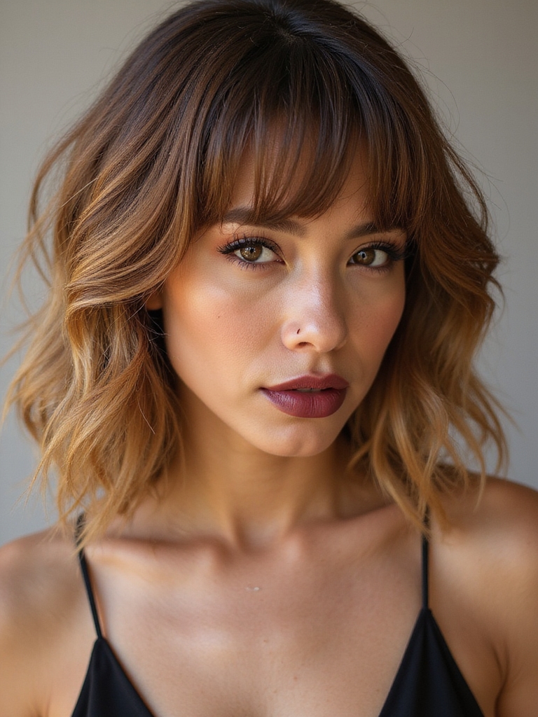 textured lob with curtain bangs