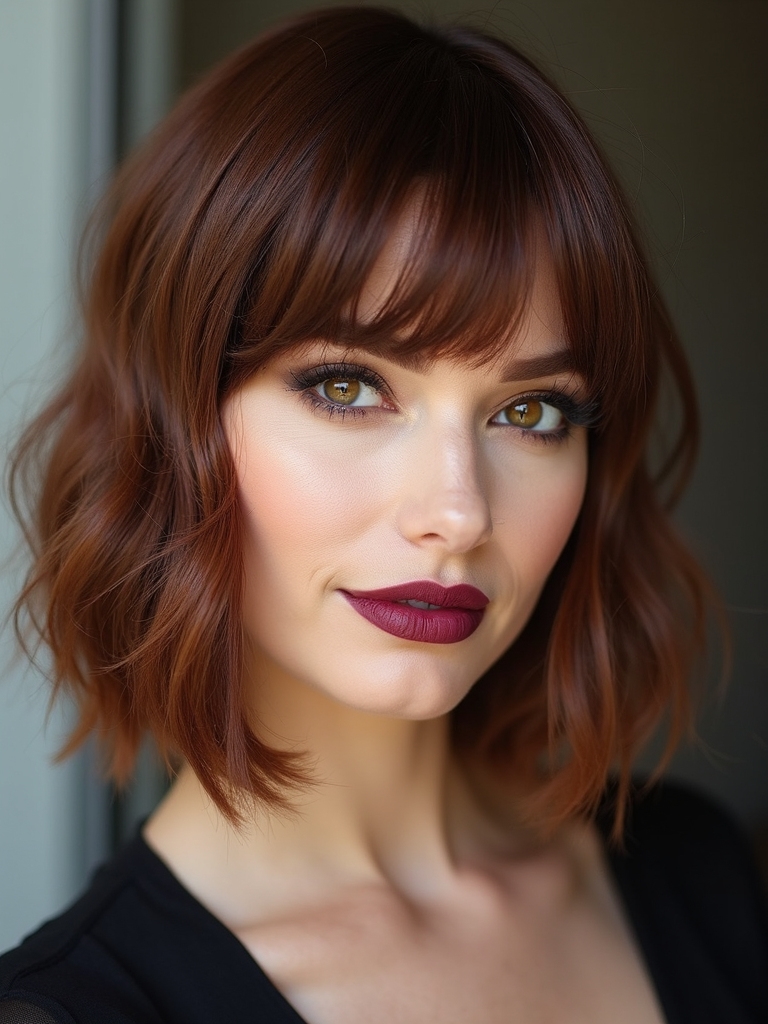 textured razor cut bob with bangs