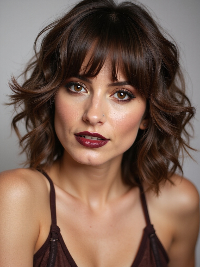 textured wolfcut with curtain bangs