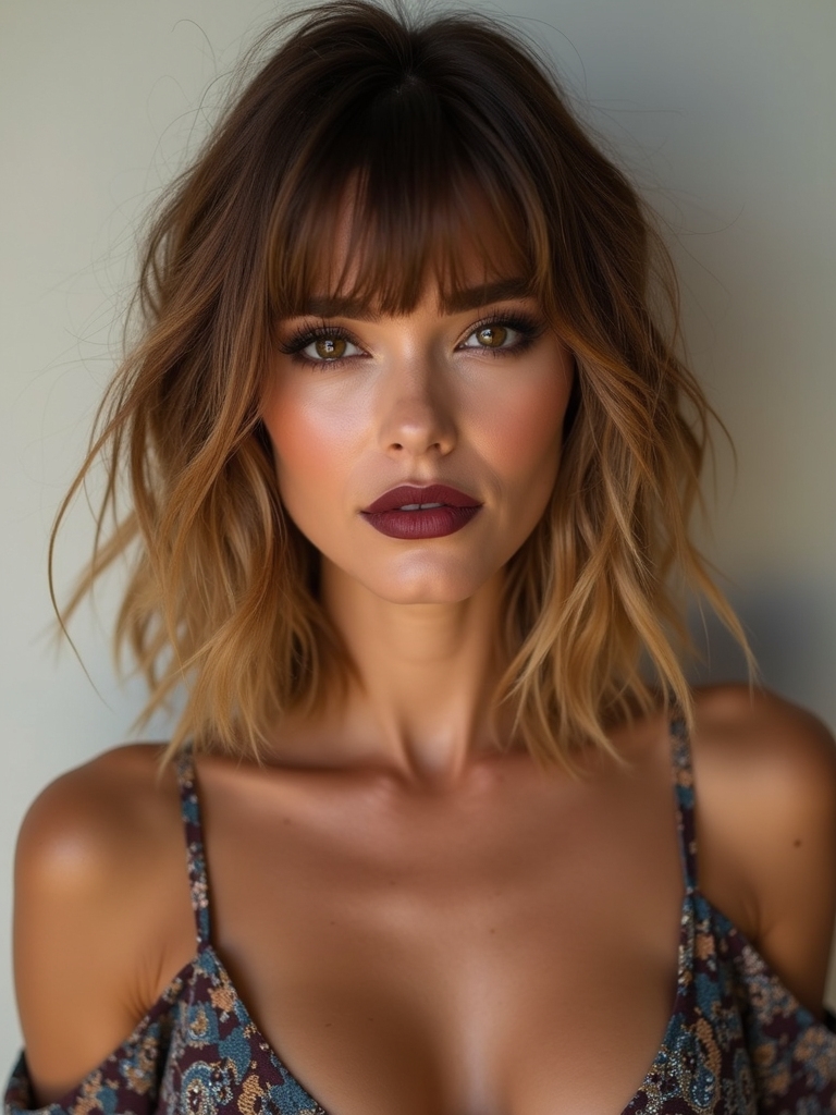 tousled bohemian layers with bangs