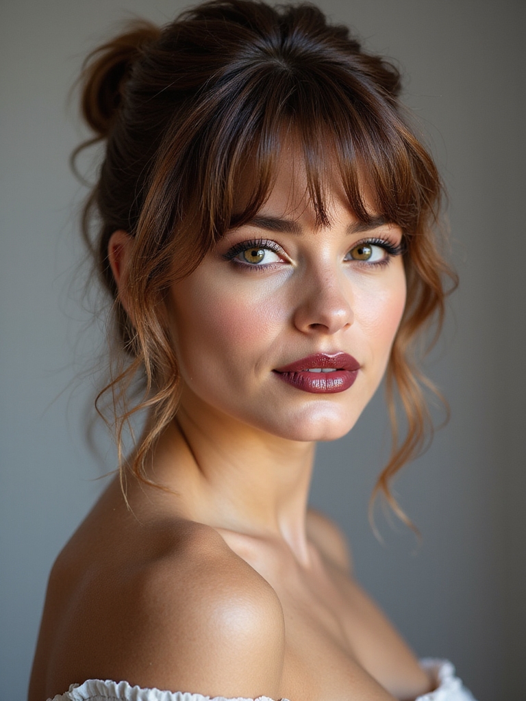 tousled bun with bangs