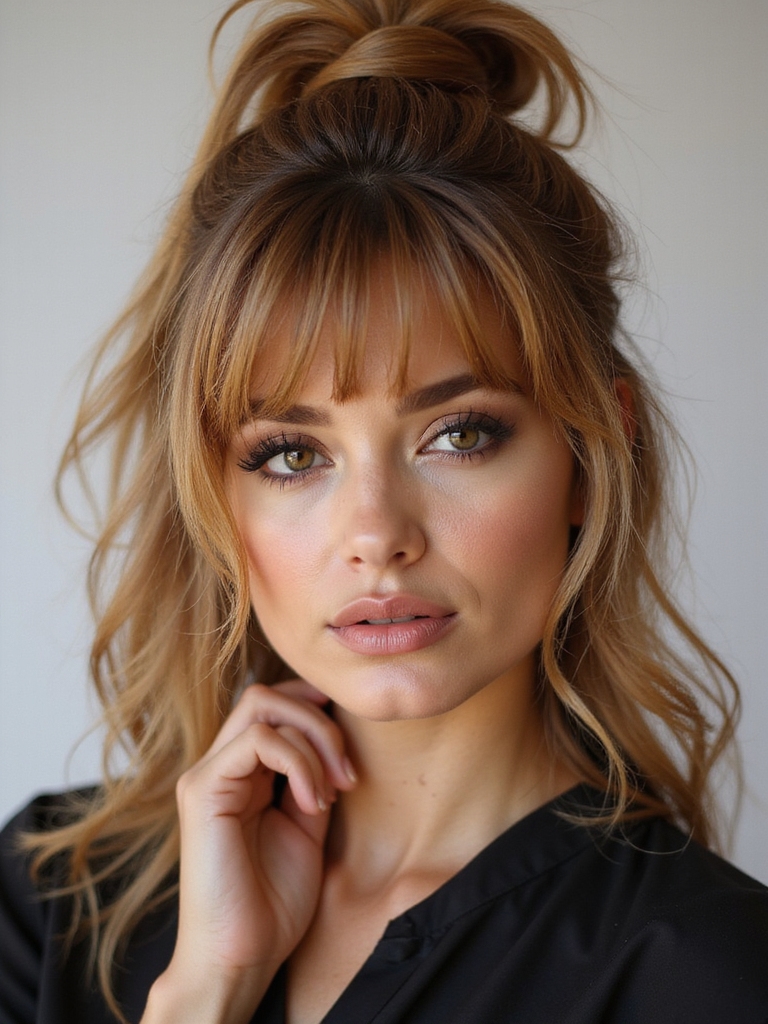 tousled high ponytail with curtain bangs
