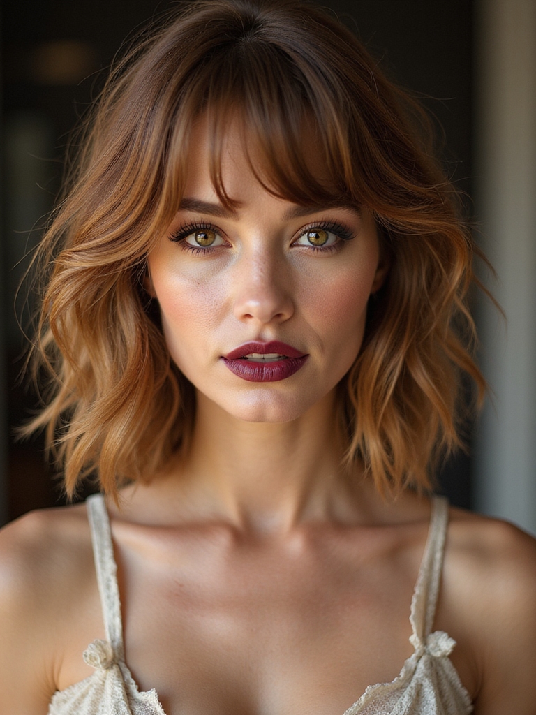 tousled layered hair with fringe