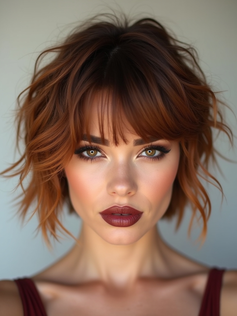 tousled shag with curtain bangs