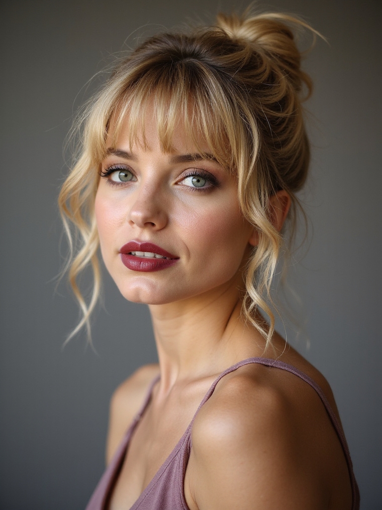 tousled textured bun with bangs