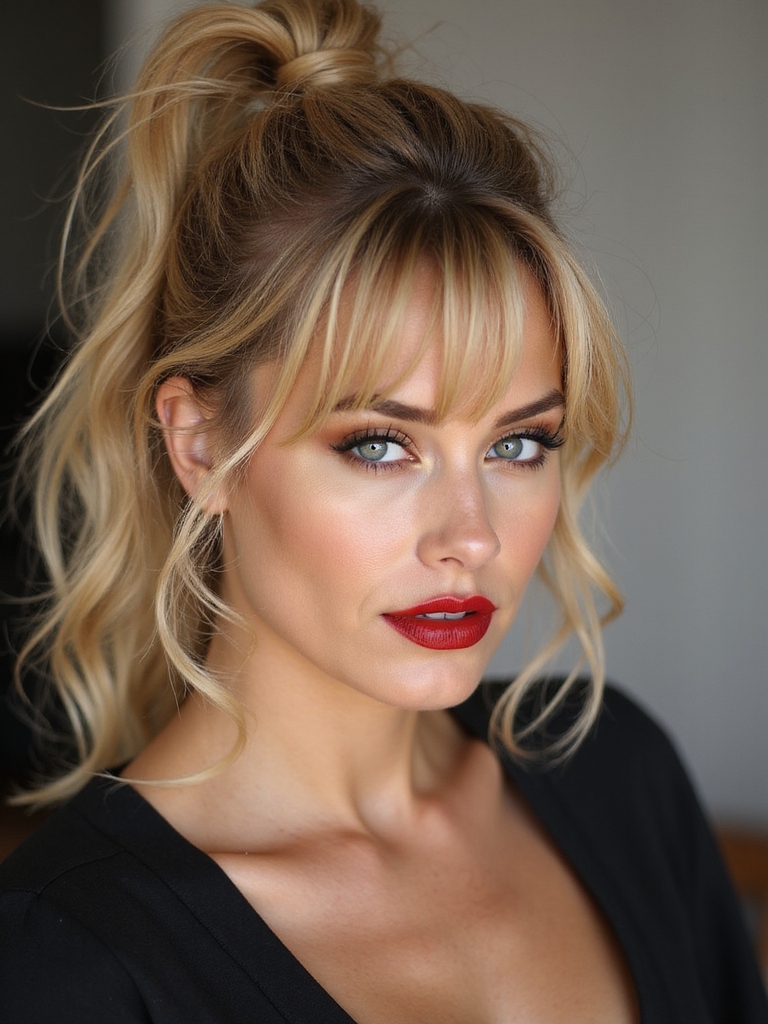 undone low ponytail with curtain bangs
