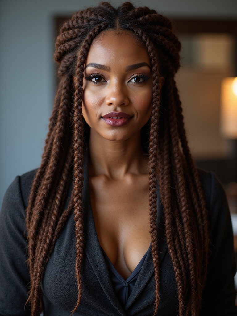 center part braids tucked behind ears
