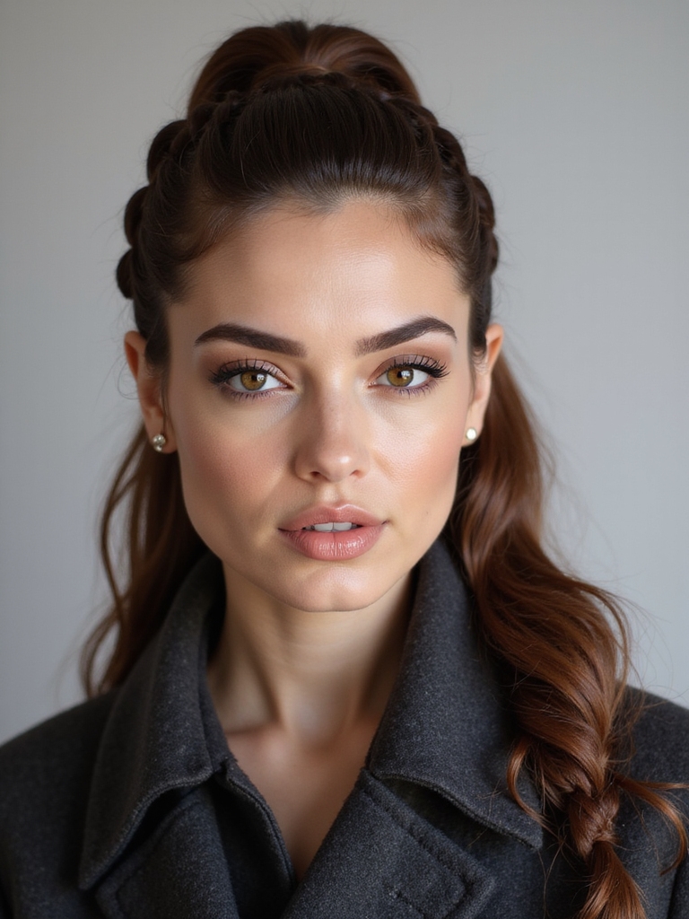 braided ponytail tucked into collar