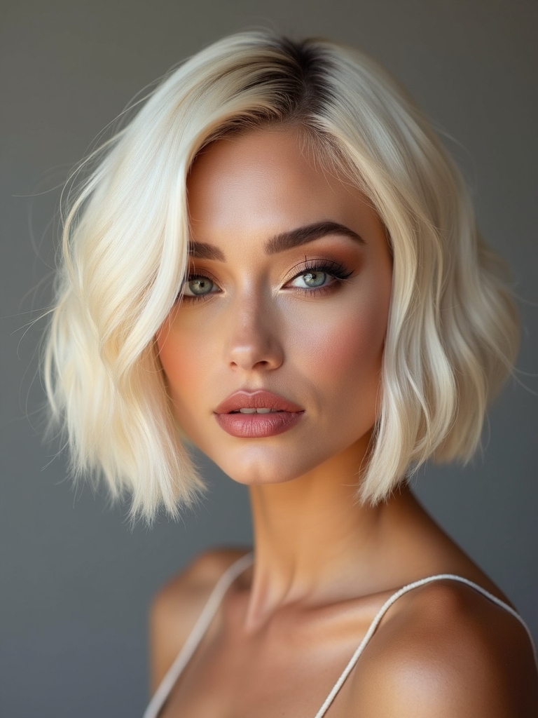 curved bob with pearl blonde