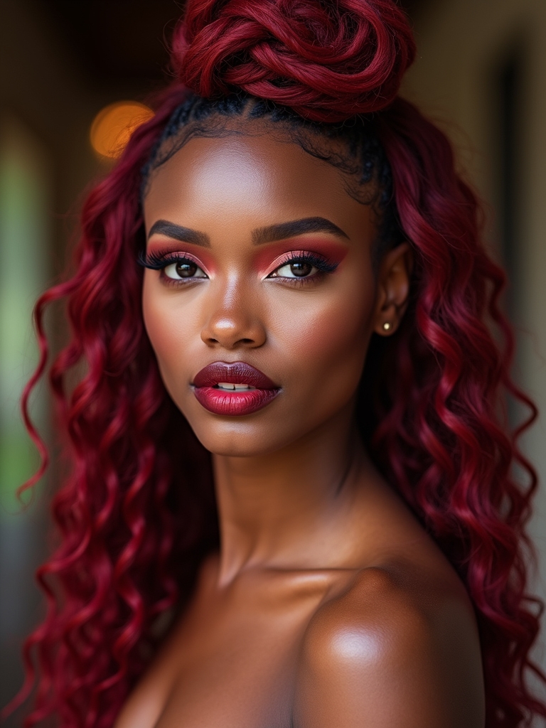 glossy crimson twisted half up