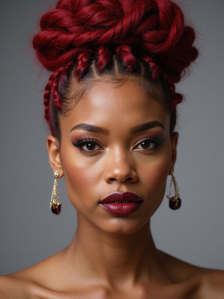 glossy red braided topknot