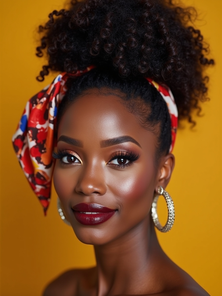 high pineapple scarfed curly updo