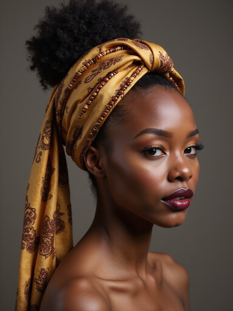 scarf wrapped beaded high bun