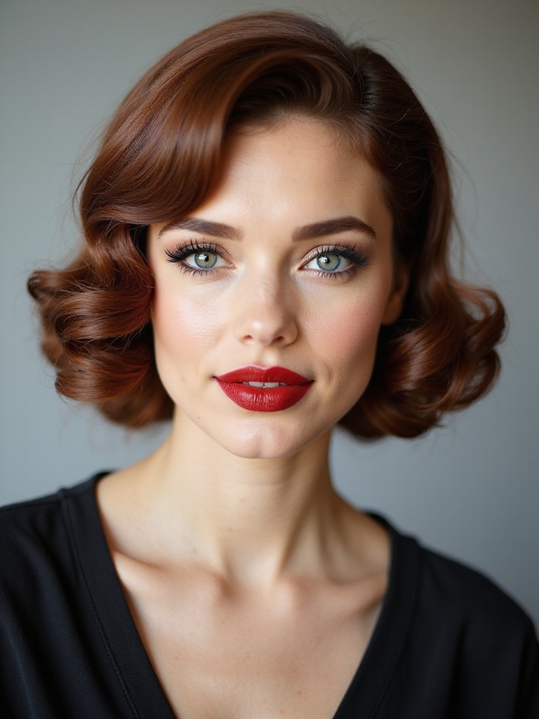 sculpted glossy vintage rolled updo