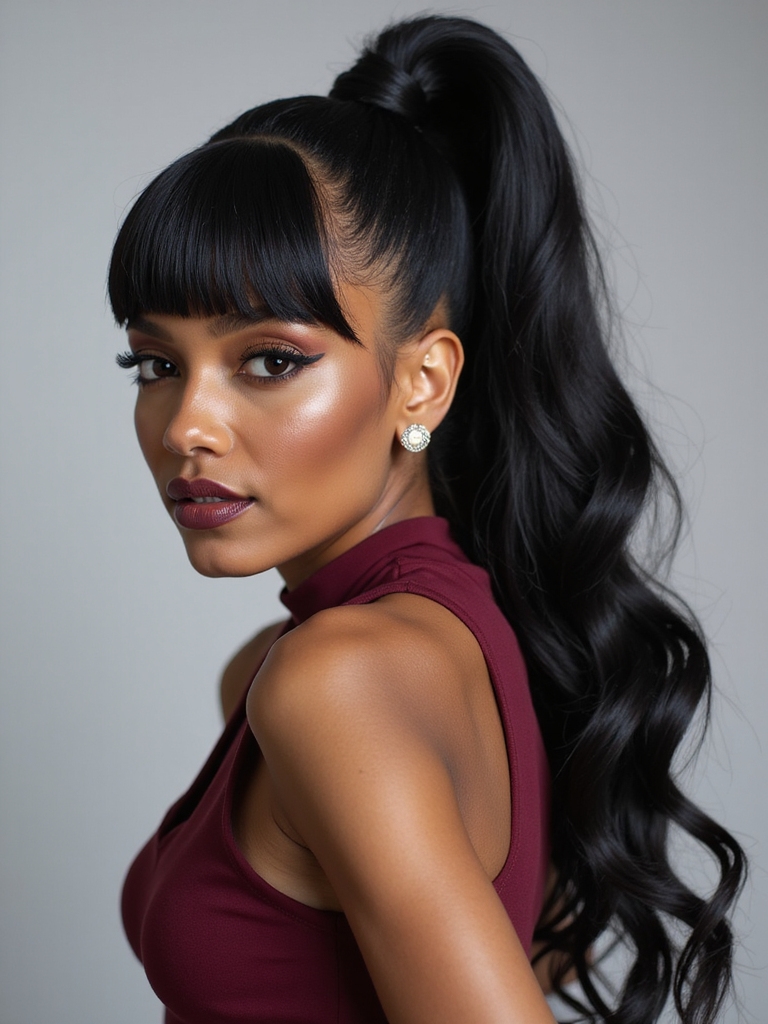 sleek high blunt length ponytail