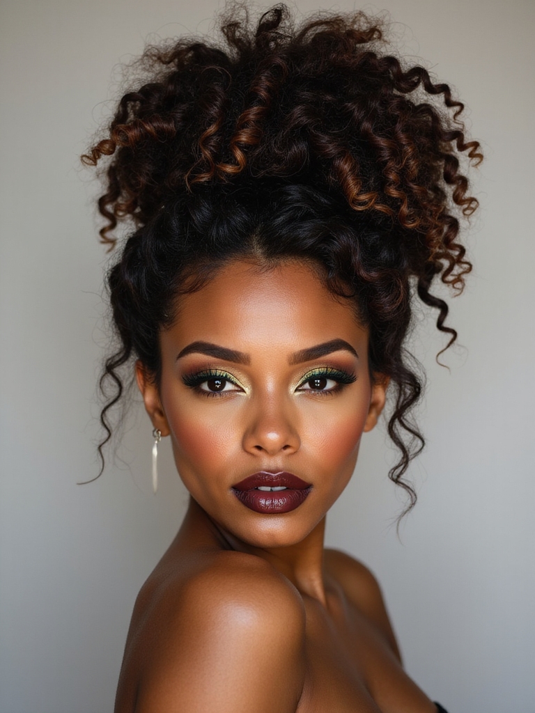 voluminous textured curly topknot
