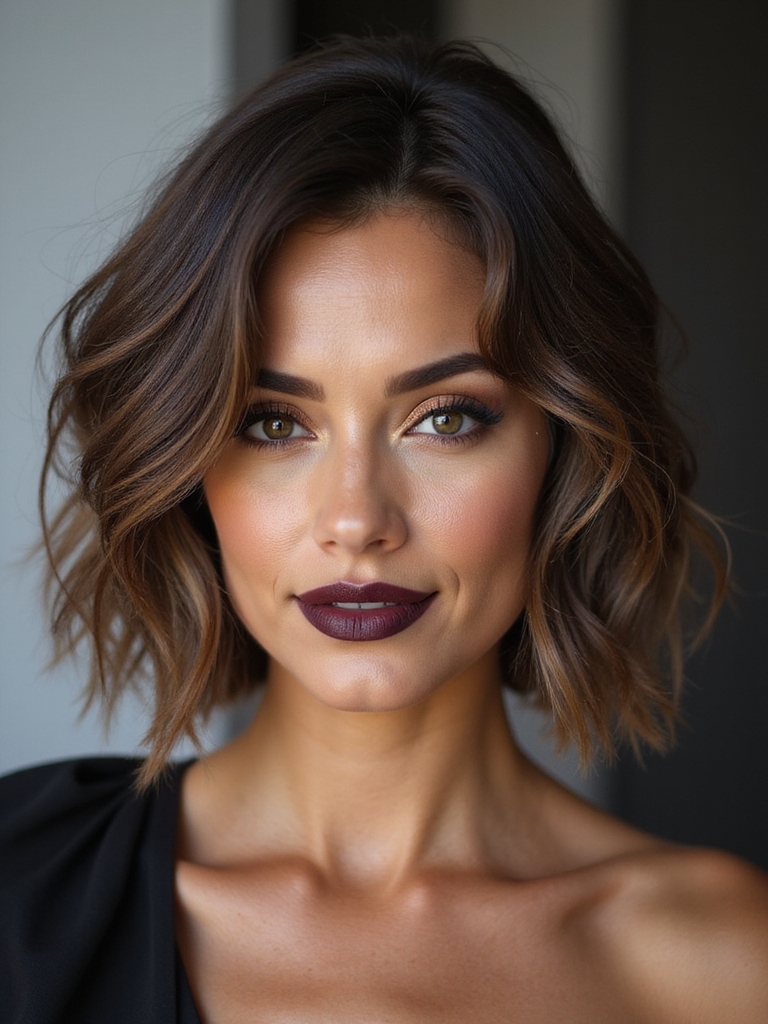wavy chin length bob with lowlights