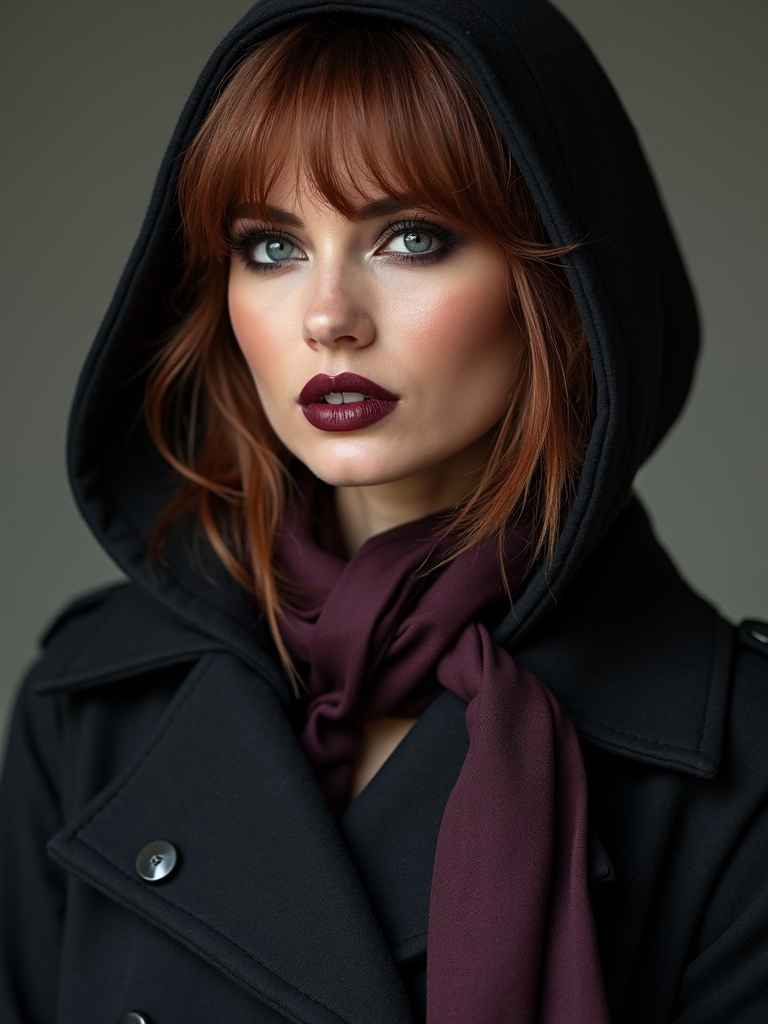 wispy bangs tucked under hood